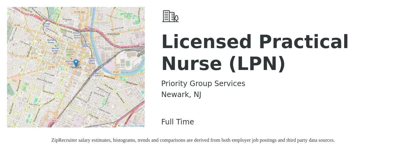 Priority Group Services job posting for a Licensed Practical Nurse (LPN) in Newark, NJ with a salary of $40 Hourly with a map of Newark location.