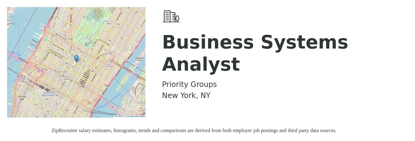 Priority Groups job posting for a Business Systems Analyst in New York, NY with a salary of $44 to $67 Hourly with a map of New York location.