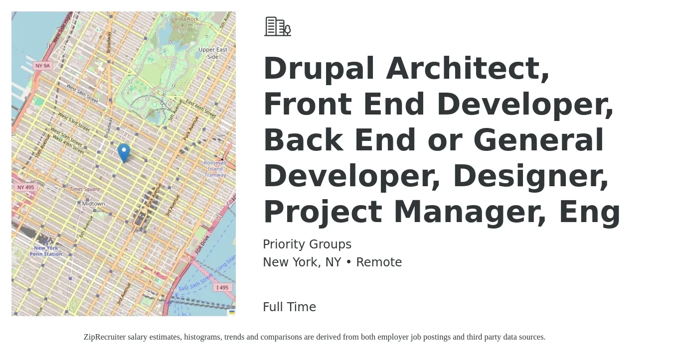 Priority Groups job posting for a Drupal Architect, Front End Developer, Back End or General Developer, Designer, Project Manager, Eng in New York, NY with a salary of $86,400 to $132,100 Yearly with a map of New York location.
