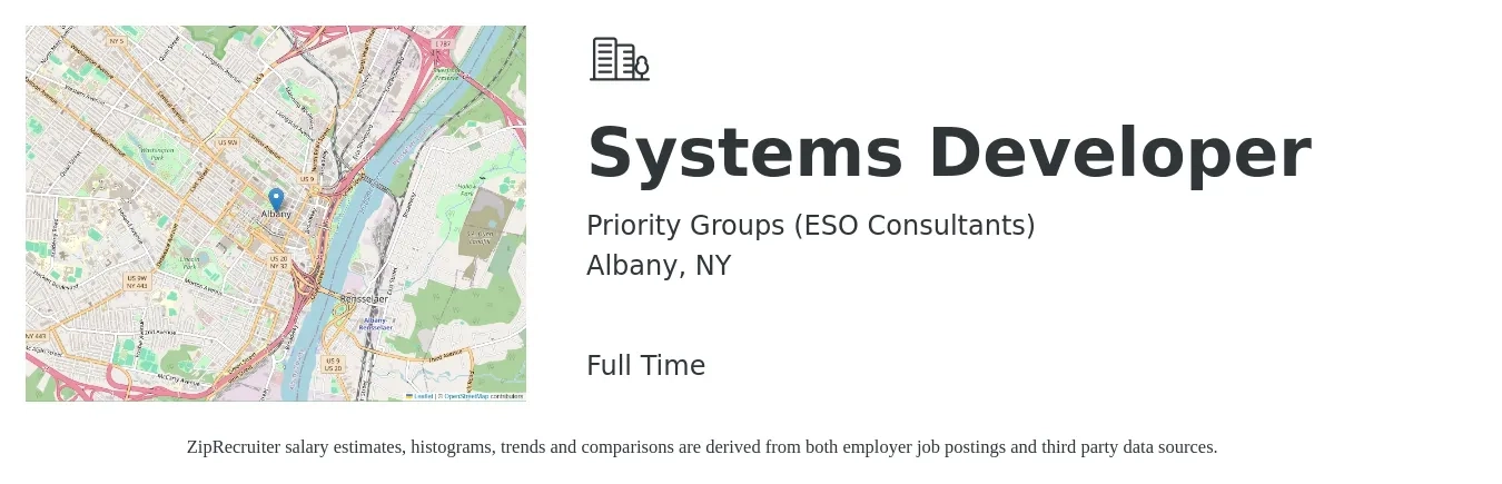 Priority Groups job posting for a Systems Developer in Albany, NY with a salary of $43 to $59 Hourly with a map of Albany location.