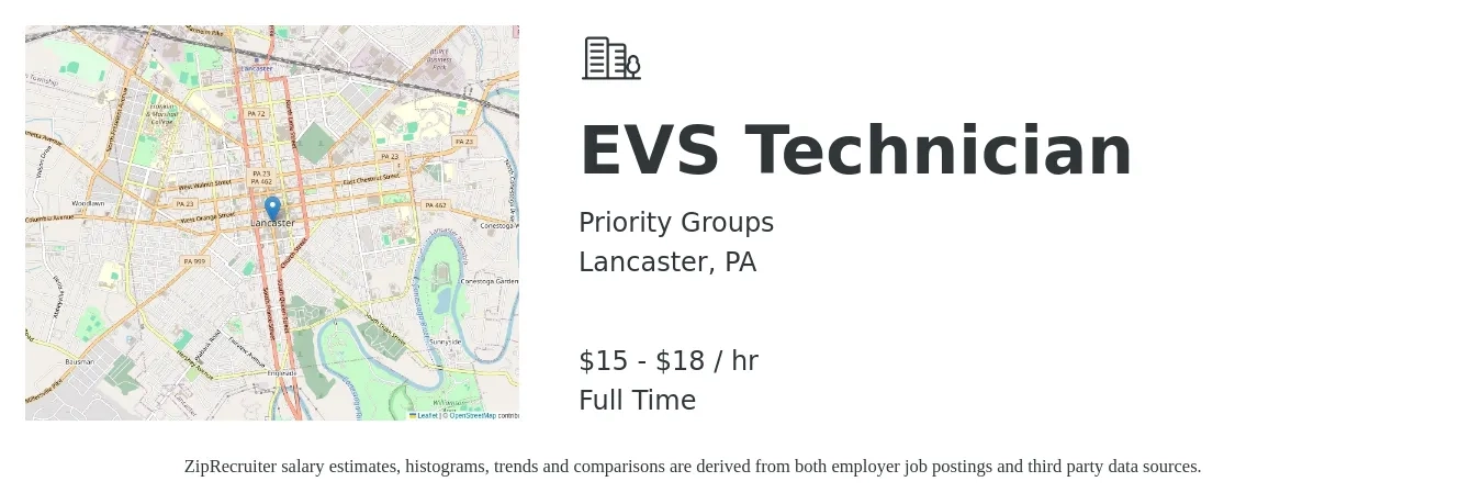 Priority Groups job posting for a EVS Technician in Lancaster, PA with a salary of $16 to $19 Hourly with a map of Lancaster location.