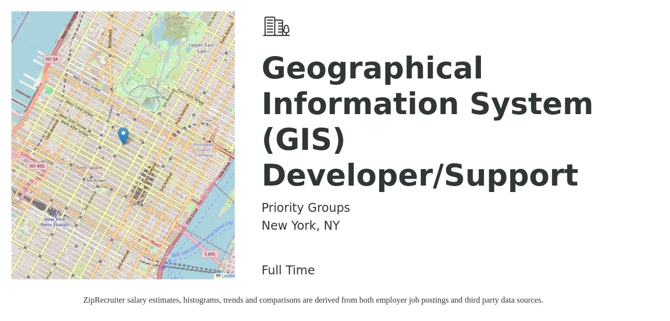Priority Groups job posting for a Geographical Information System (GIS) Developer/Support in New York, NY with a salary of $46 to $67 Hourly with a map of New York location.