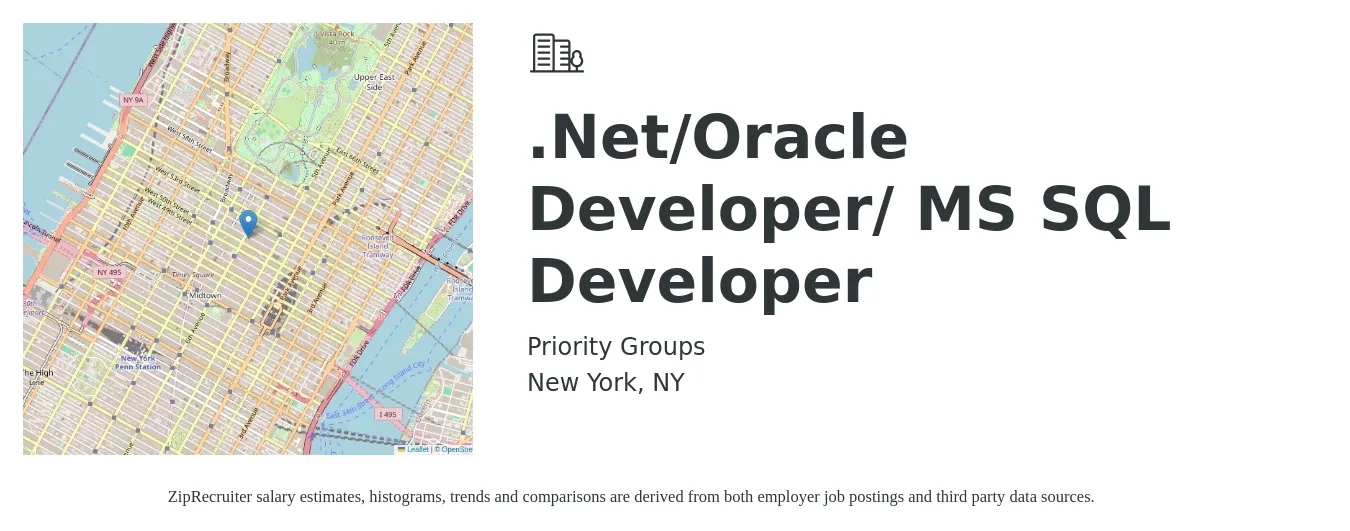 Priority Groups job posting for a .Net/Oracle Developer/ MS SQL Developer in New York, NY with a salary of $53 to $70 Hourly with a map of New York location.