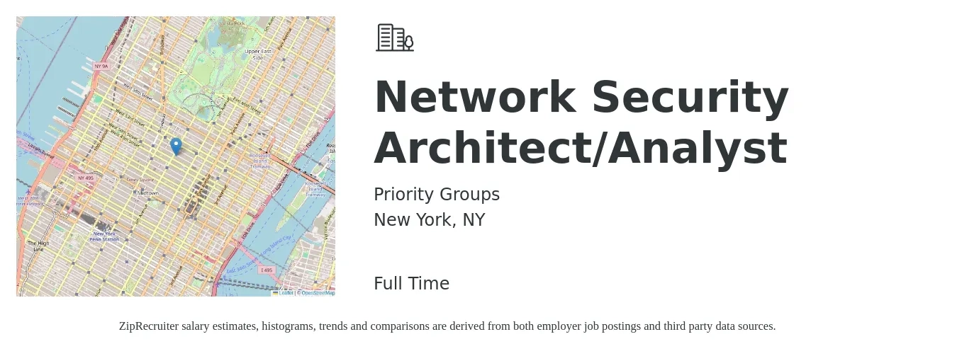 Priority Groups job posting for a Network Security Architect/Analyst in New York, NY with a salary of $49 to $92 Hourly with a map of New York location.
