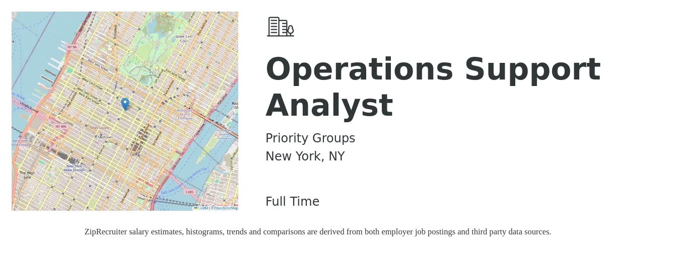 Priority Groups job posting for a Operations Support Analyst in New York, NY with a salary of $22 to $42 Hourly with a map of New York location.