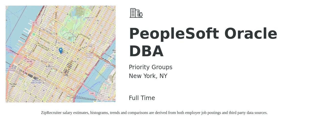 Priority Groups job posting for a PeopleSoft Oracle DBA in New York, NY with a salary of $56 to $76 Hourly with a map of New York location.