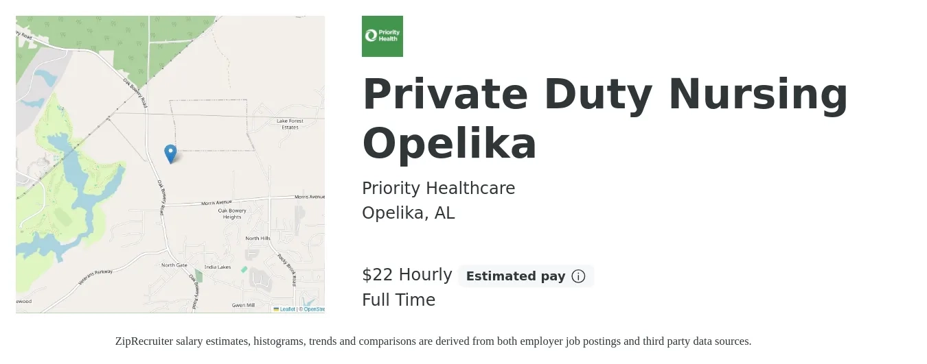 Priority Healthcare job posting for a Private Duty Nursing Opelika in Opelika, AL with a salary of $23 Hourly with a map of Opelika location.