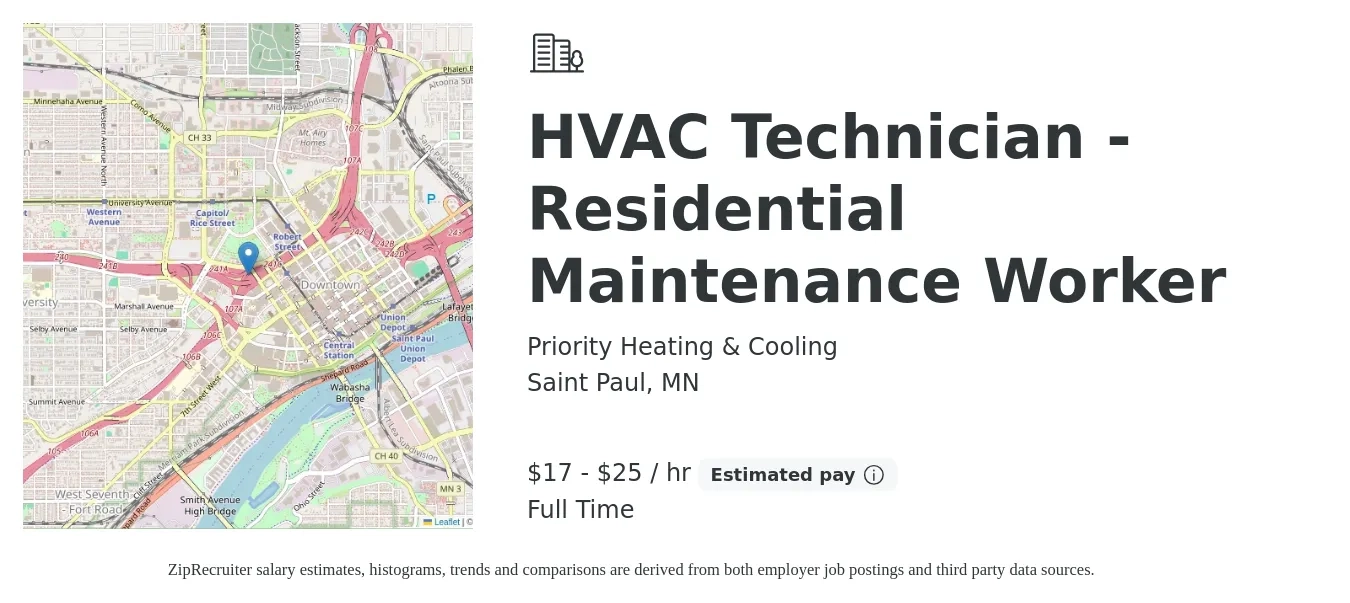Priority Heating & Cooling job posting for a HVAC Technician - Residential Maintenance Worker in Saint Paul, MN with a salary of $18 to $27 Hourly with a map of Saint Paul location.