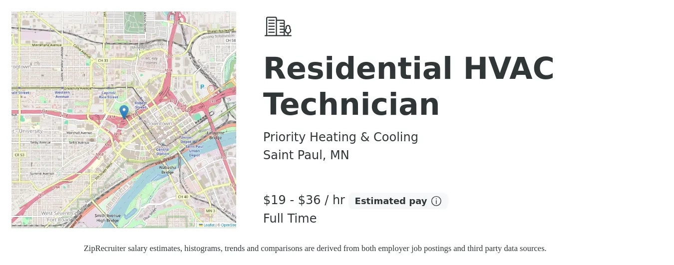 Priority Heating & Cooling job posting for a Residential HVAC Technician in Saint Paul, MN with a salary of $20 to $38 Hourly with a map of Saint Paul location.