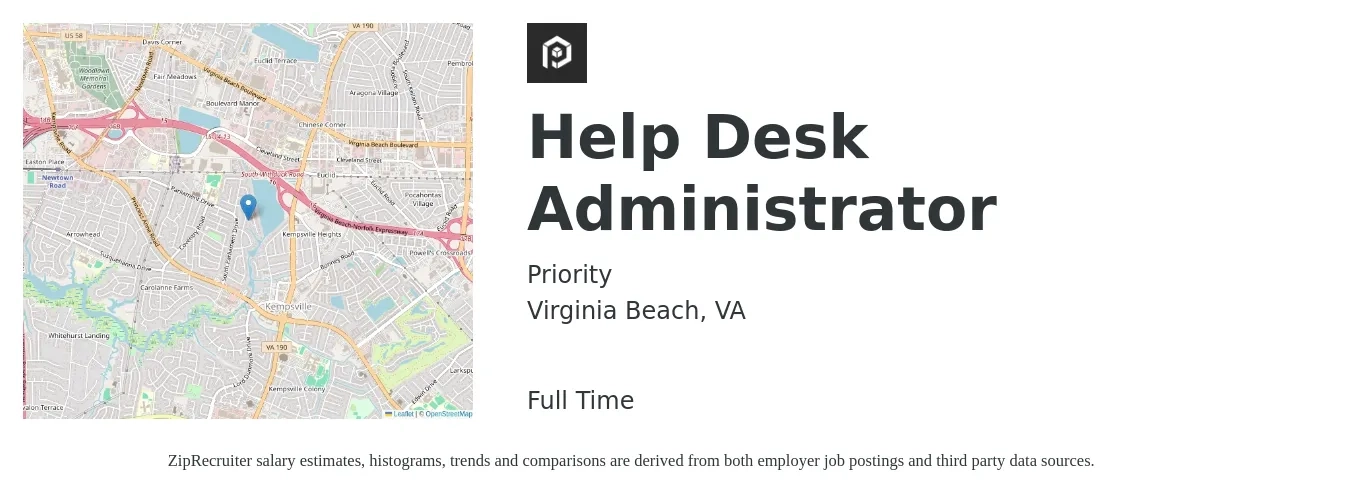 Priority job posting for a Help Desk Administrator in Virginia Beach, VA with a salary of $39,600 to $58,700 Yearly with a map of Virginia Beach location.