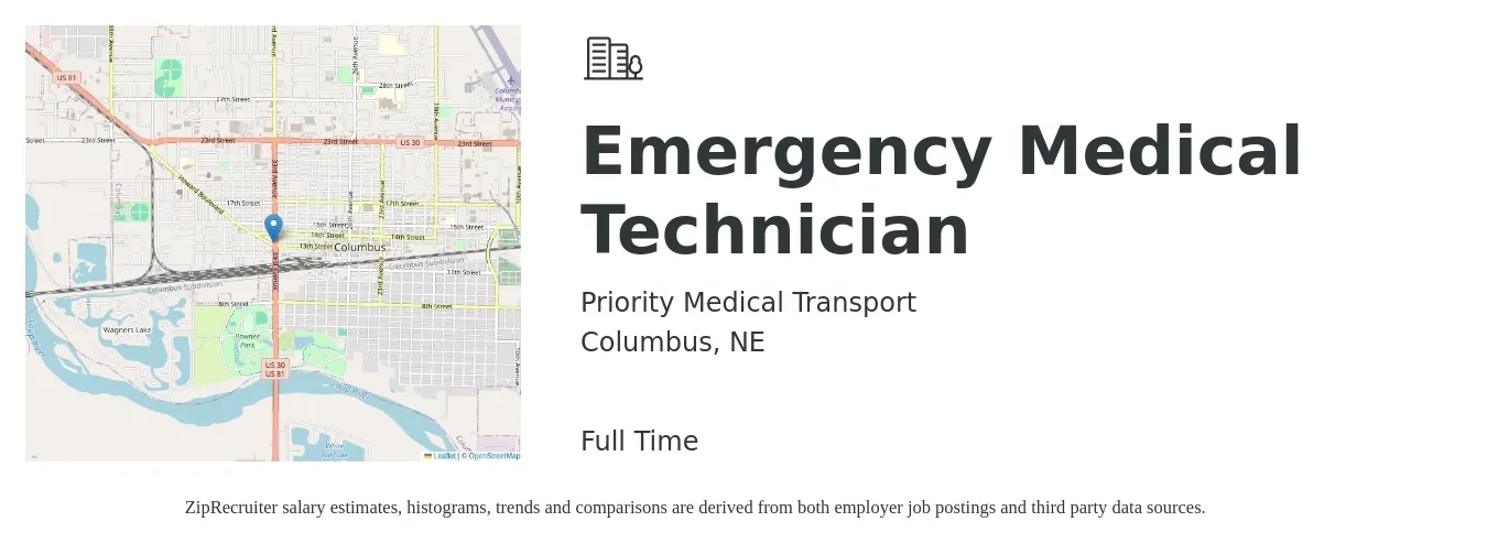 Priority Medical Transport job posting for a Emergency Medical Technician in Columbus, NE with a salary of $18 to $24 Hourly with a map of Columbus location.