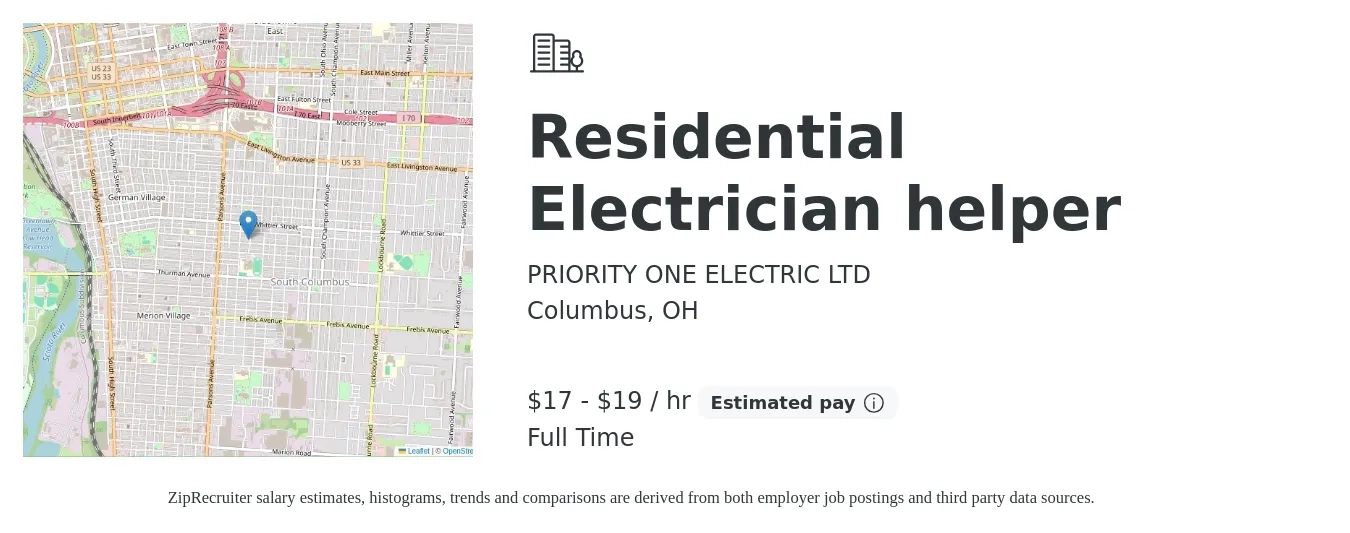 PRIORITY ONE ELECTRIC LTD job posting for a Residential Electrician helper in Columbus, OH with a salary of $18 to $20 Hourly with a map of Columbus location.