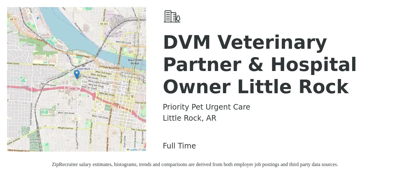 Priority Pet Urgent Care job posting for a DVM Veterinary Partner & Hospital Owner Little Rock in Little Rock, AR with a salary of $100,100 to $194,800 Yearly with a map of Little Rock location.