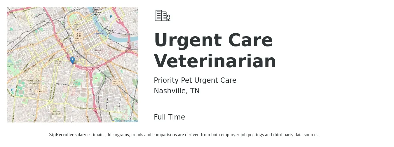 Priority Pet Urgent Care job posting for a Urgent Care Veterinarian in Nashville, TN with a salary of $54,100 to $80,700 Yearly with a map of Nashville location.