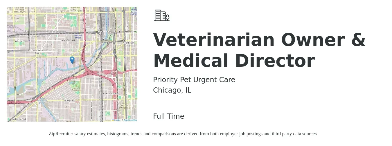 Priority Pet Urgent Care job posting for a Veterinarian Owner & Medical Director in Chicago, IL with a salary of $57,700 to $86,000 Yearly with a map of Chicago location.