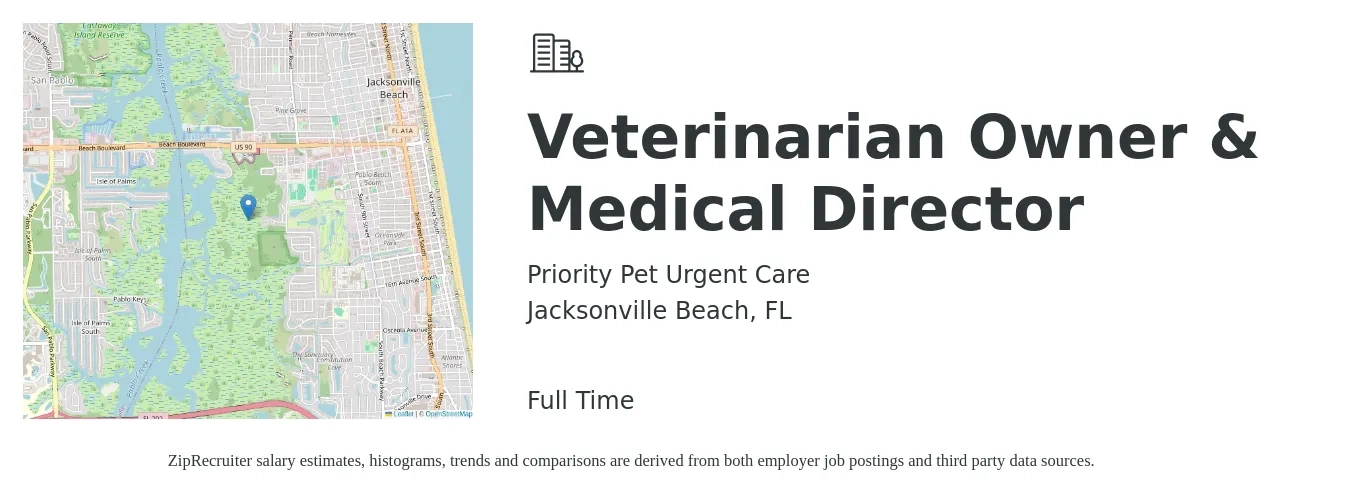 Priority Pet Urgent Care job posting for a Veterinarian Owner & Medical Director in Jacksonville Beach, FL with a salary of $50,100 to $74,700 Yearly with a map of Jacksonville Beach location.