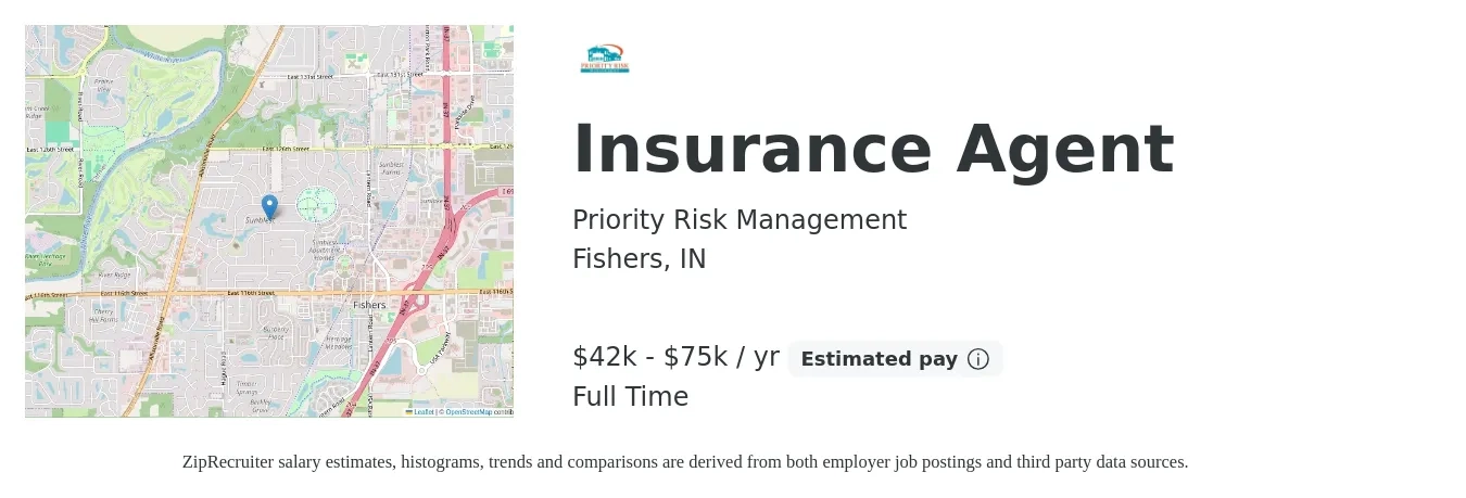 Priority Risk Management job posting for a Insurance Agent in Fishers, IN with a salary of $42,000 to $75,000 Yearly with a map of Fishers location.
