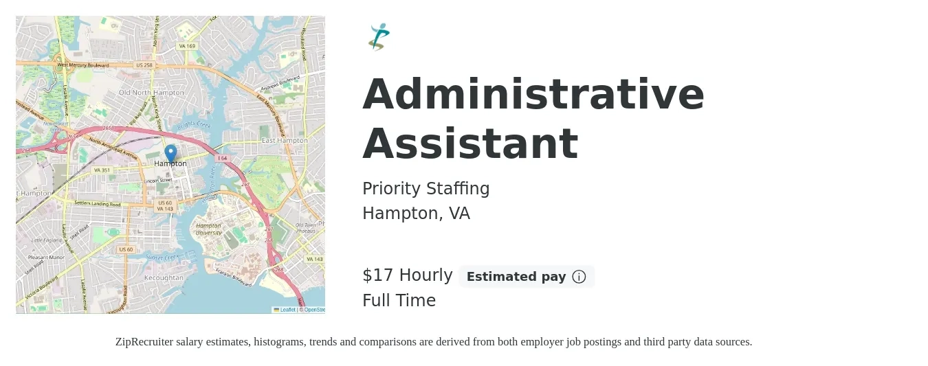 Priority Staffing job posting for a Administrative Assistant in Hampton, VA with a salary of $18 Hourly with a map of Hampton location.
