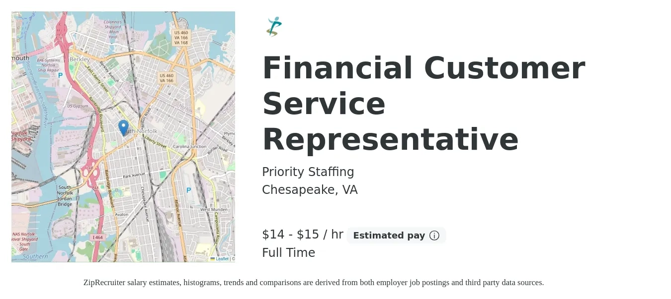 Priority Staffing job posting for a Financial Customer Service Representative in Chesapeake, VA with a salary of $15 to $16 Hourly with a map of Chesapeake location.