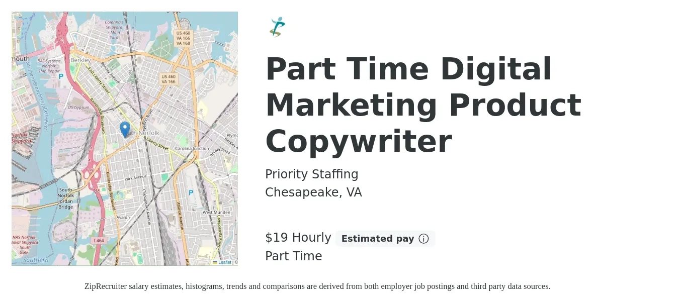 Priority Staffing job posting for a Part Time Digital Marketing Product Copywriter in Chesapeake, VA with a salary of $20 Hourly with a map of Chesapeake location.