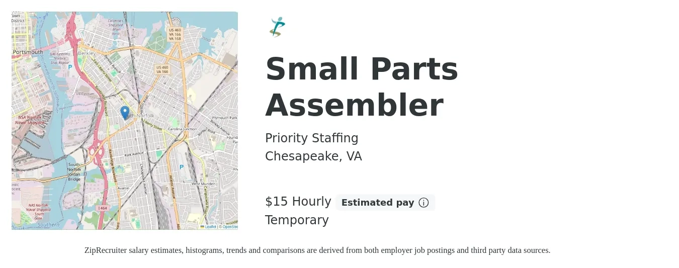 Priority Staffing job posting for a Small Parts Assembler in Chesapeake, VA with a salary of $16 Hourly with a map of Chesapeake location.