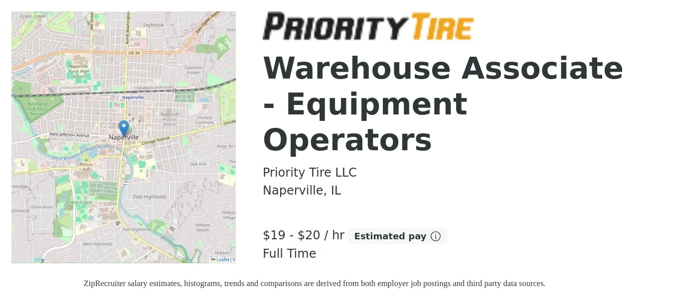 Priority Tire LLC job posting for a Warehouse Associate - Equipment Operators in Naperville, IL with a salary of $20 to $21 Hourly with a map of Naperville location.