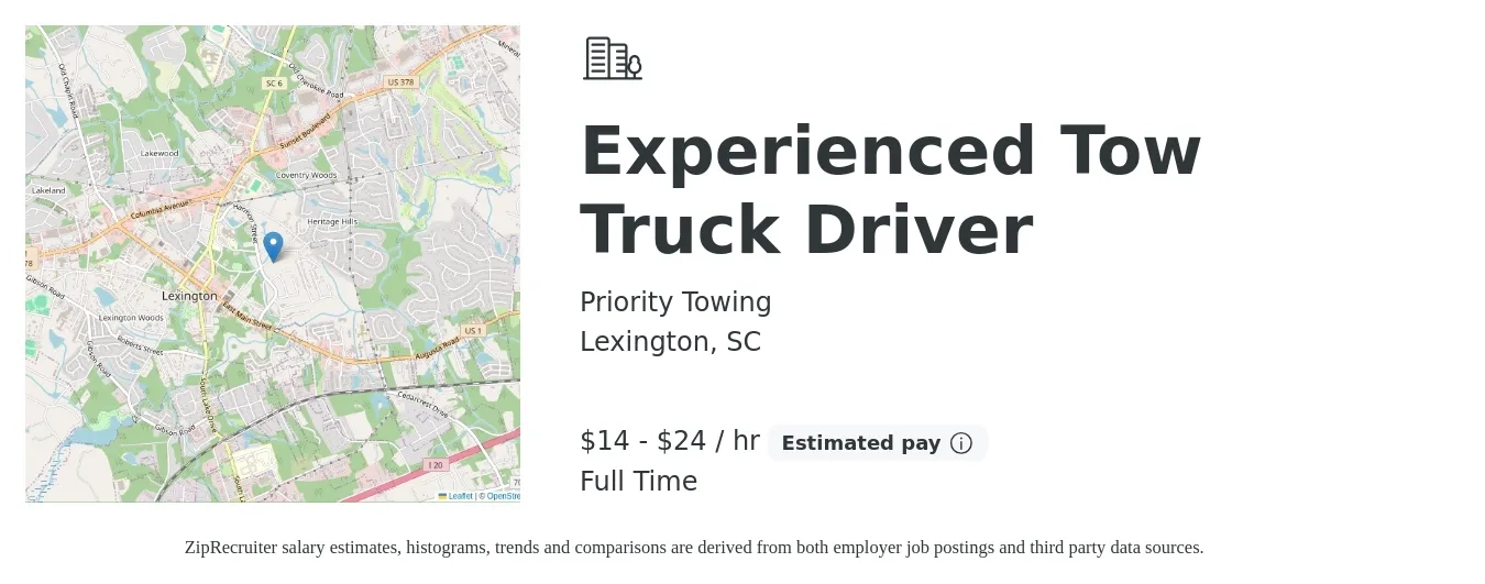 Priority Towing job posting for a Experienced Tow Truck Driver in Lexington, SC with a salary of $15 to $25 Hourly (plus commission) with a map of Lexington location.