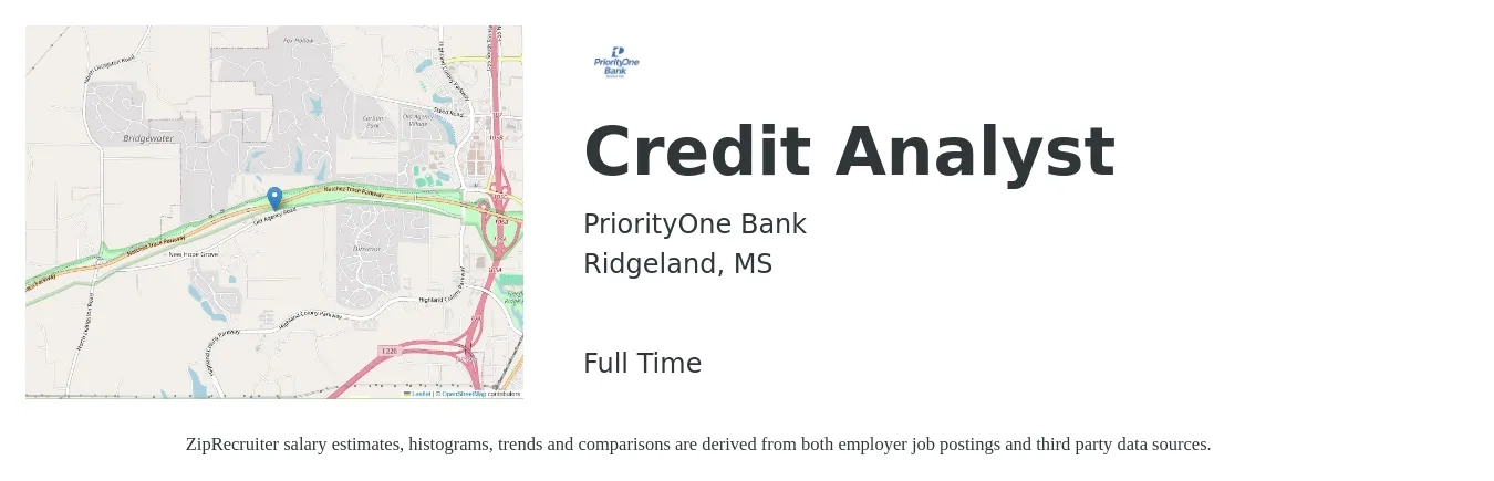 PriorityOne Bank job posting for a Credit Analyst in Ridgeland, MS with a salary of $21 to $30 Hourly with a map of Ridgeland location.