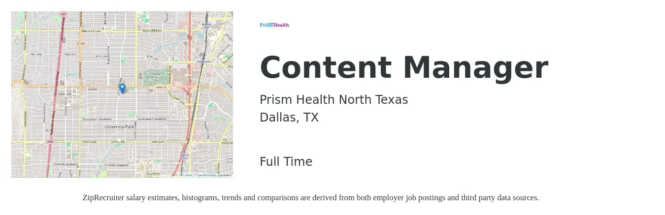 Prism Health North Texas job posting for a Content Manager in Dallas, TX with a salary of $27 to $46 Hourly with a map of Dallas location.