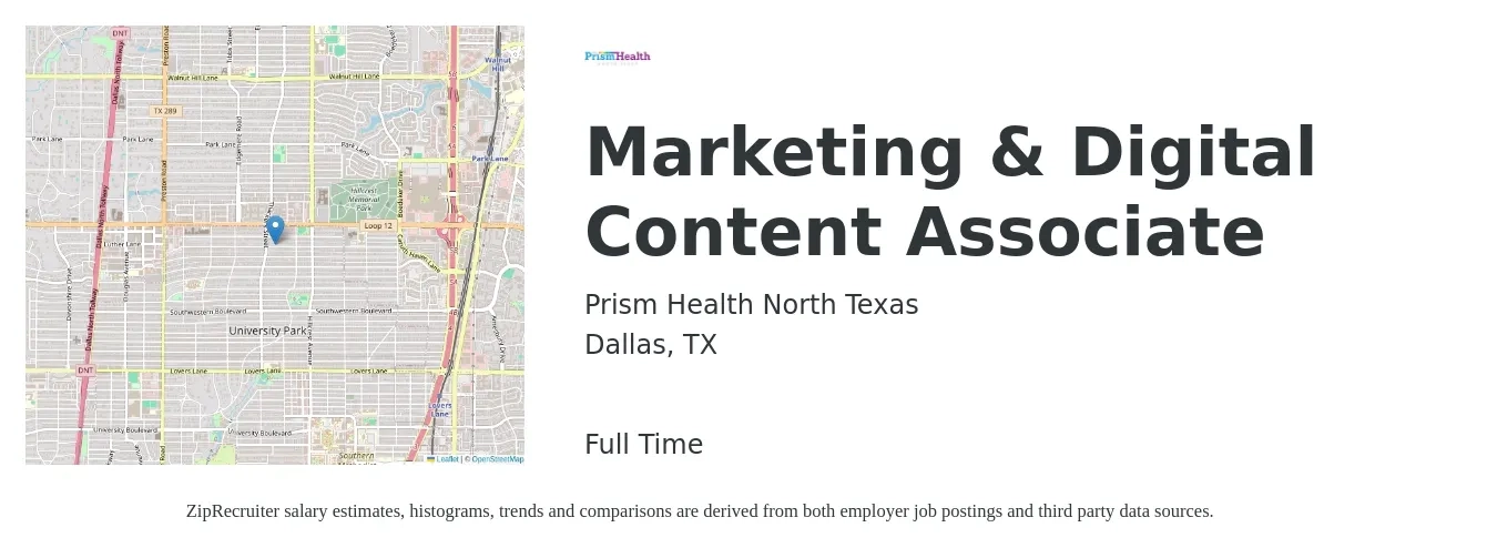 Prism Health North Texas job posting for a Marketing & Digital Content Associate in Dallas, TX with a salary of $42,000 to $70,200 Yearly with a map of Dallas location.