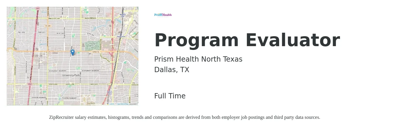Prism Health North Texas job posting for a Program Evaluator in Dallas, TX with a salary of $47,000 to $75,200 Yearly with a map of Dallas location.