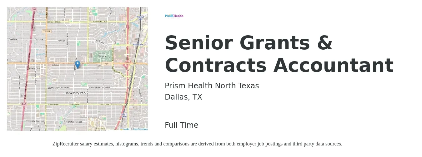 Prism Health North Texas job posting for a Senior Grants & Contracts Accountant in Dallas, TX with a salary of $73,200 to $92,000 Yearly with a map of Dallas location.