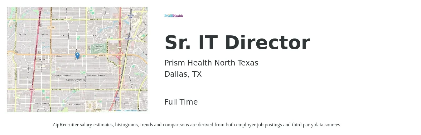 Prism Health North Texas job posting for a Sr. IT Director in Dallas, TX with a salary of $105,800 to $155,300 Yearly with a map of Dallas location.
