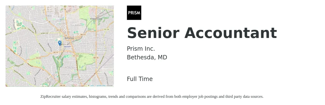 Prism Inc. job posting for a Senior Accountant in Bethesda, MD with a salary of $79,200 to $99,500 Yearly with a map of Bethesda location.