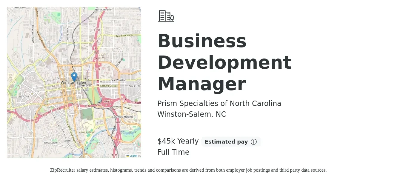 Prism Specialties of North Carolina job posting for a Business Development Manager in Winston-Salem, NC with a salary of $45,000 Yearly with a map of Winston-Salem location.