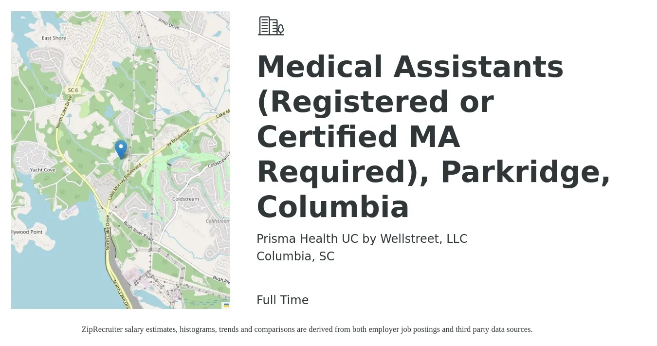 Prisma Health UC by Wellstreet, LLC job posting for a Medical Assistants (Registered or Certified MA Required), Parkridge, Columbia in Columbia, SC with a salary of $14 to $18 Hourly with a map of Columbia location.