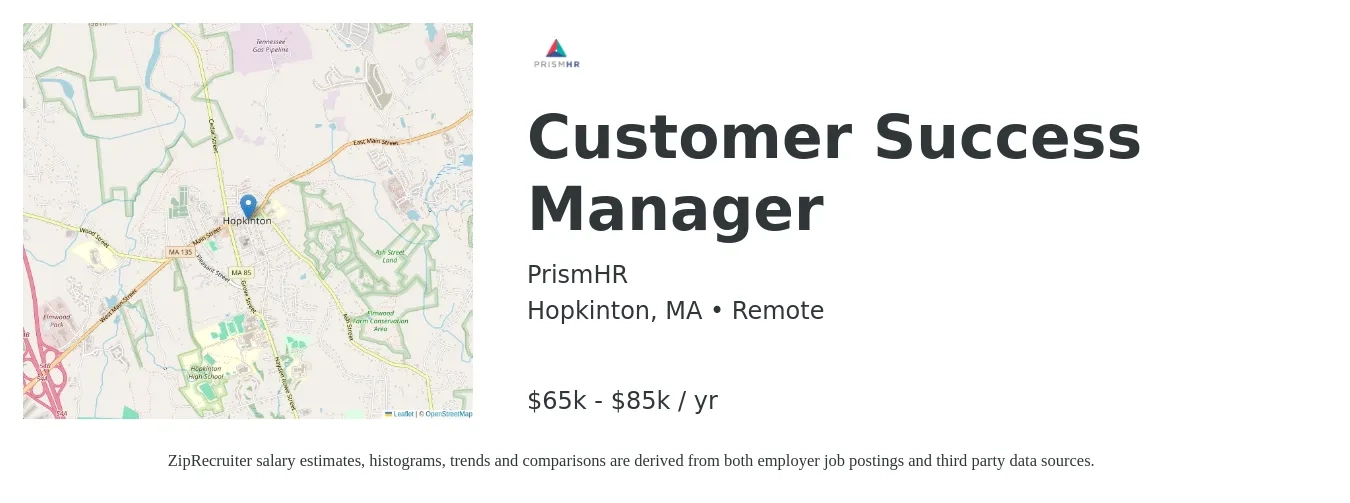 PrismHR job posting for a Customer Success Manager in Hopkinton, MA with a salary of $65,000 to $85,000 Yearly with a map of Hopkinton location.