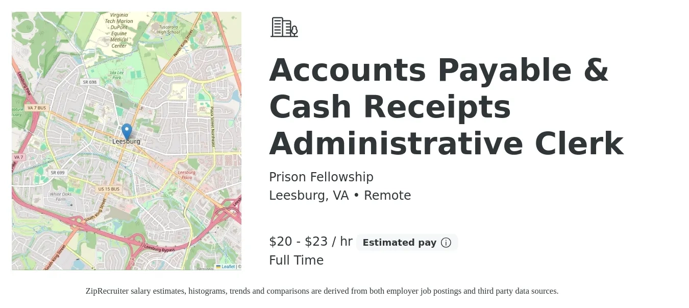 Prison Fellowship job posting for a Accounts Payable & Cash Receipts Administrative Clerk in Leesburg, VA with a salary of $21 to $24 Hourly with a map of Leesburg location.