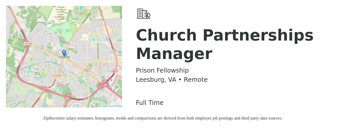 Prison Fellowship job posting for a Church Partnerships Manager in Leesburg, VA with a salary of $42,500 to $69,300 Yearly with a map of Leesburg location.