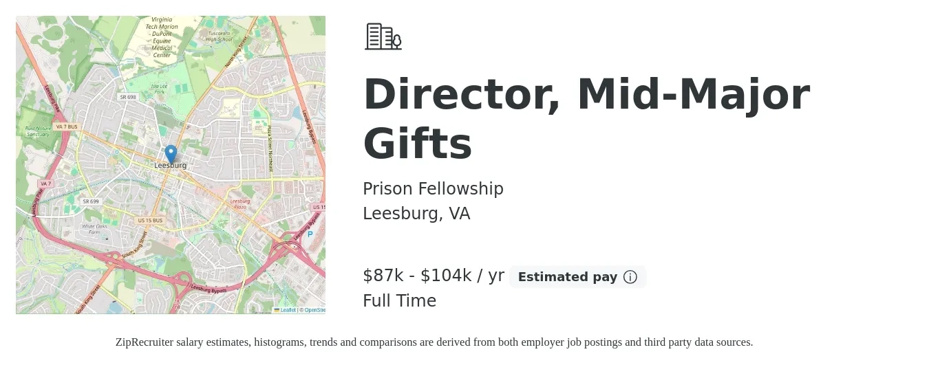 Prison Fellowship job posting for a Director, Mid-Major Gifts in Leesburg, VA with a salary of $87,000 to $104,000 Yearly with a map of Leesburg location.