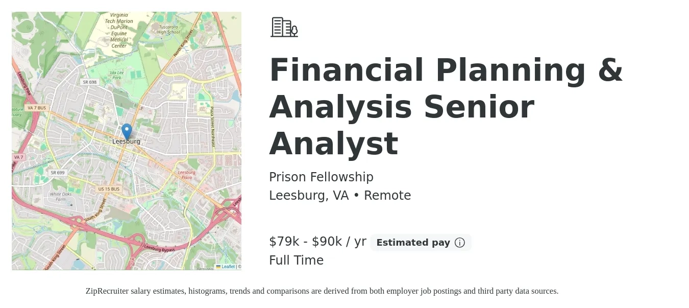 Prison Fellowship job posting for a Financial Planning & Analysis Senior Analyst in Leesburg, VA with a salary of $79,000 to $90,000 Yearly with a map of Leesburg location.
