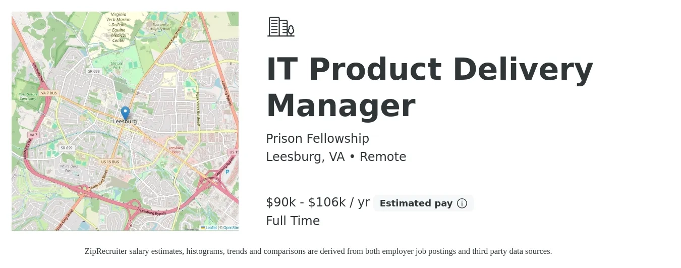 Prison Fellowship job posting for a IT Product Delivery Manager in Leesburg, VA with a salary of $90,000 to $106,000 Yearly with a map of Leesburg location.