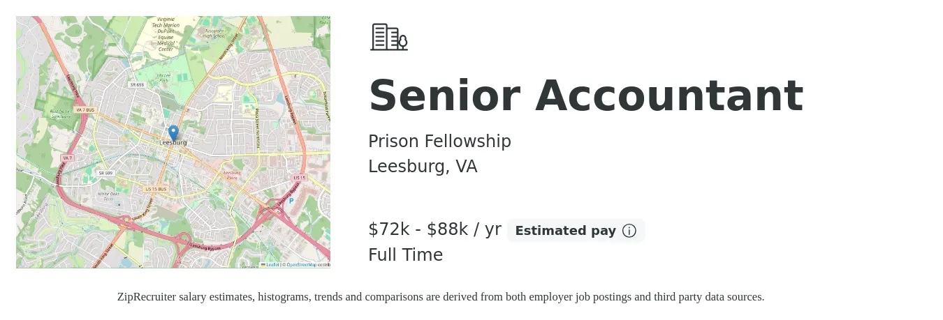 Prison Fellowship job posting for a Senior Accountant in Leesburg, VA with a salary of $72,000 to $88,000 Yearly with a map of Leesburg location.