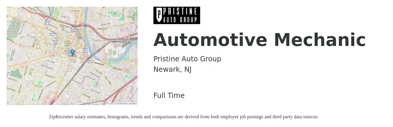 Pristine Auto Group job posting for a Automotive Mechanic in Newark, NJ with a salary of $23 to $32 Hourly with a map of Newark location.