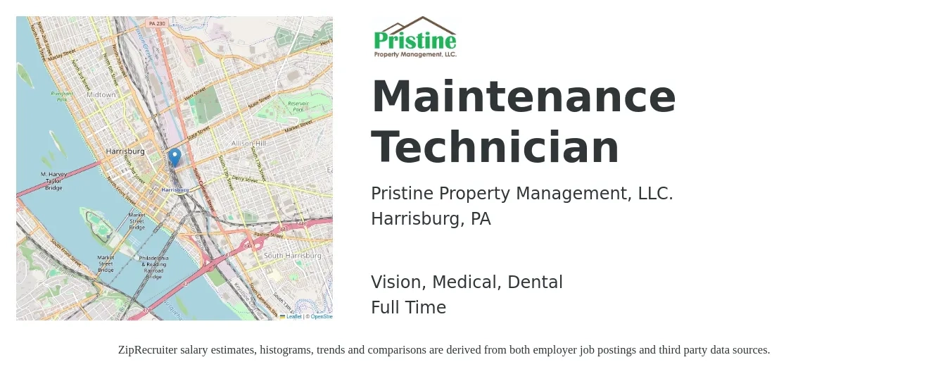 Pristine Property Management, LLC. job posting for a Maintenance Technician in Harrisburg, PA with a salary of $19 to $26 Hourly and benefits including vision, dental, life_insurance, medical, and pto with a map of Harrisburg location.