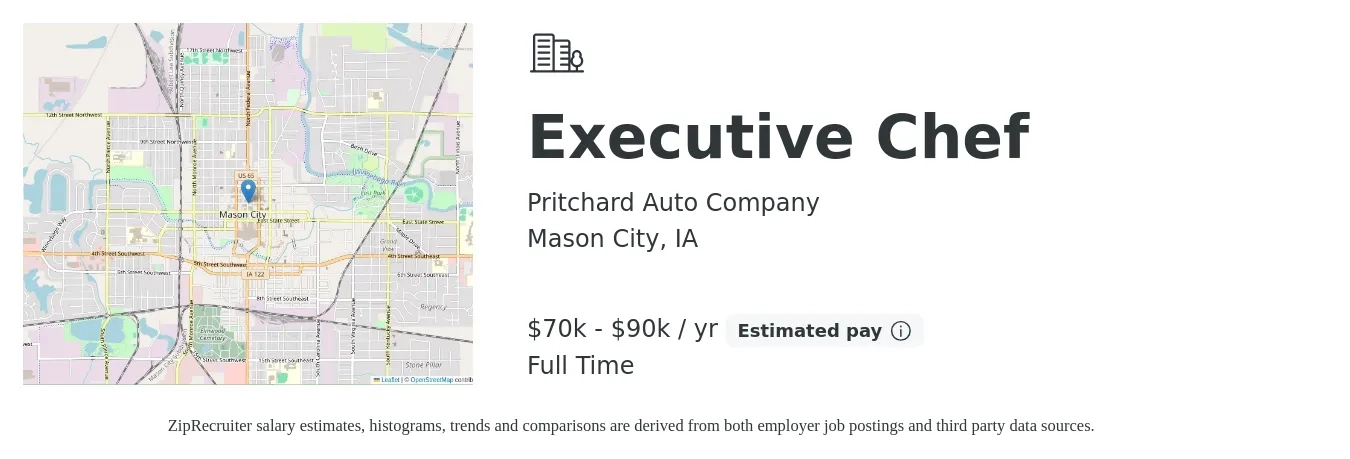 Pritchard Auto Company job posting for a Executive Chef in Mason City, IA with a salary of $69,800 to $96,100 Yearly with a map of Mason City location.