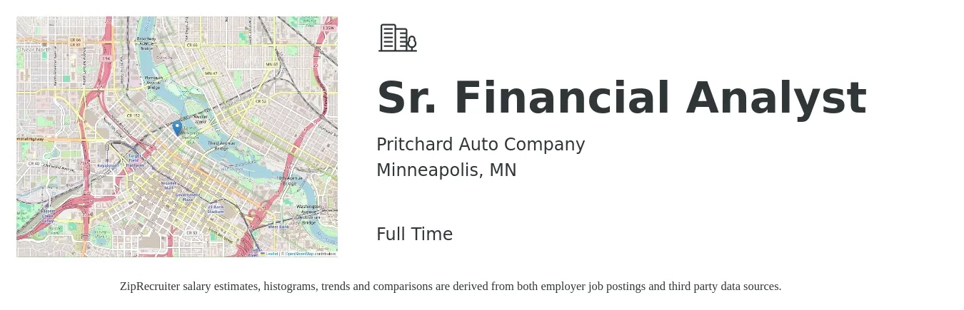 Pritchard Auto Company job posting for a Sr. Financial Analyst in Minneapolis, MN with a salary of $89,200 to $111,200 Yearly with a map of Minneapolis location.