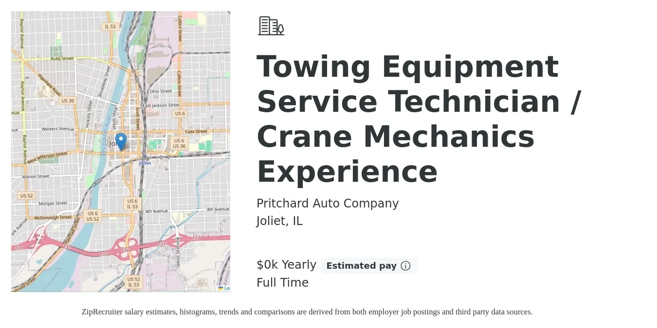 Pritchard Auto Company job posting for a Towing Equipment Service Technician / Crane Mechanics Experience in Joliet, IL with a salary of $28 to $40 Yearly with a map of Joliet location.