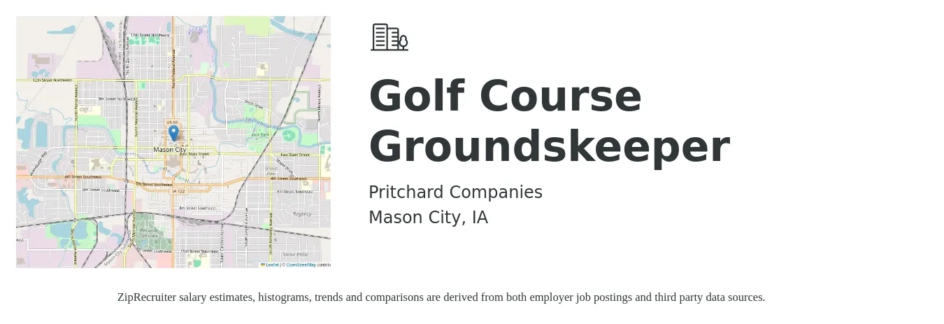 Pritchard Companies job posting for a Golf Course Groundskeeper in Mason City, IA with a salary of $15 to $19 Hourly with a map of Mason City location.