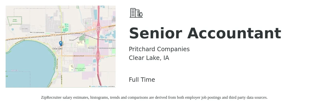 Pritchard Companies job posting for a Senior Accountant in Clear Lake, IA with a salary of $66,800 to $84,000 Yearly with a map of Clear Lake location.
